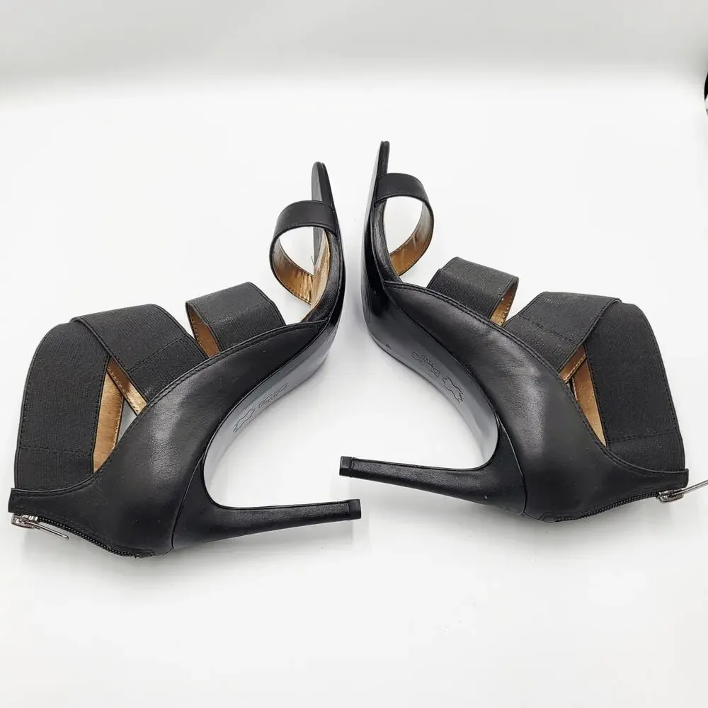 Y2K BCBG Farleena Black Leather Strappy Heels Elastic Straps Heels Women's 8.5